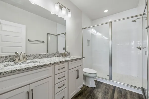 a bathroom with a granite countertop sink toilet and shower
