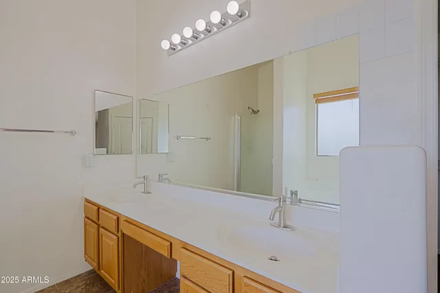 a bathroom with a sink a mirror and a shower
