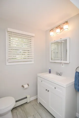 a bathroom with a sink a toilet and a mirror