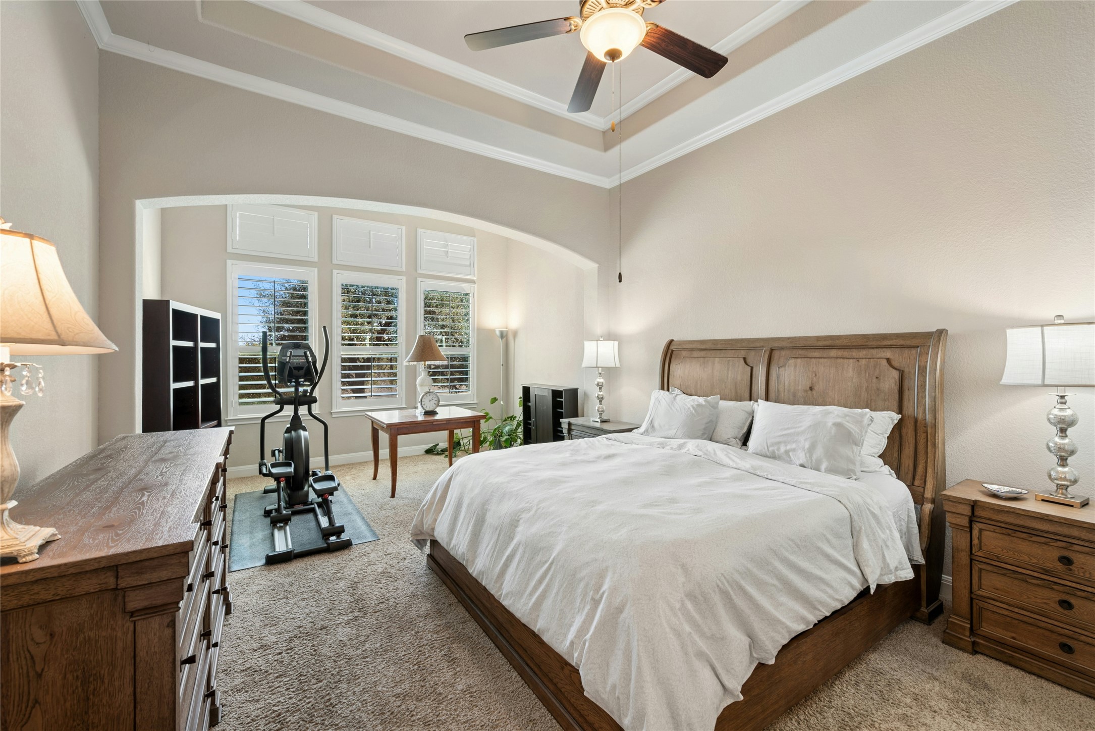 116 Evolutions Path Lakeway, TX 78738 - Photo 15 of 34 Bedroom featuring carpet floors, a ceiling fan, ornamental molding, and a raised ceiling