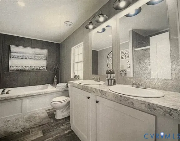 a bathroom with a double vanity sink toilet mirror and bathtub