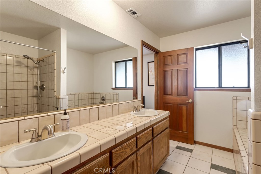 20360 Ituma Road Apple Valley, CA 92308 - Photo 39 of 66 a bathroom with a granite countertop sink a mirror and a shower
