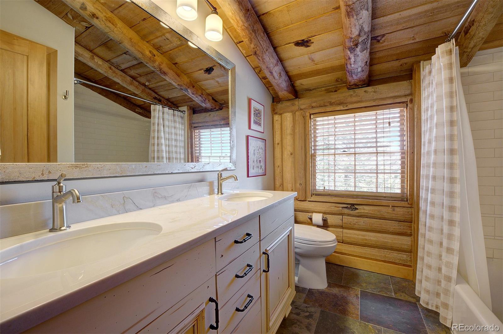 9670 South Warhawk Road Conifer, CO 80433 - Photo 31 of 40 a bathroom with a sink a toilet a mirror and shower