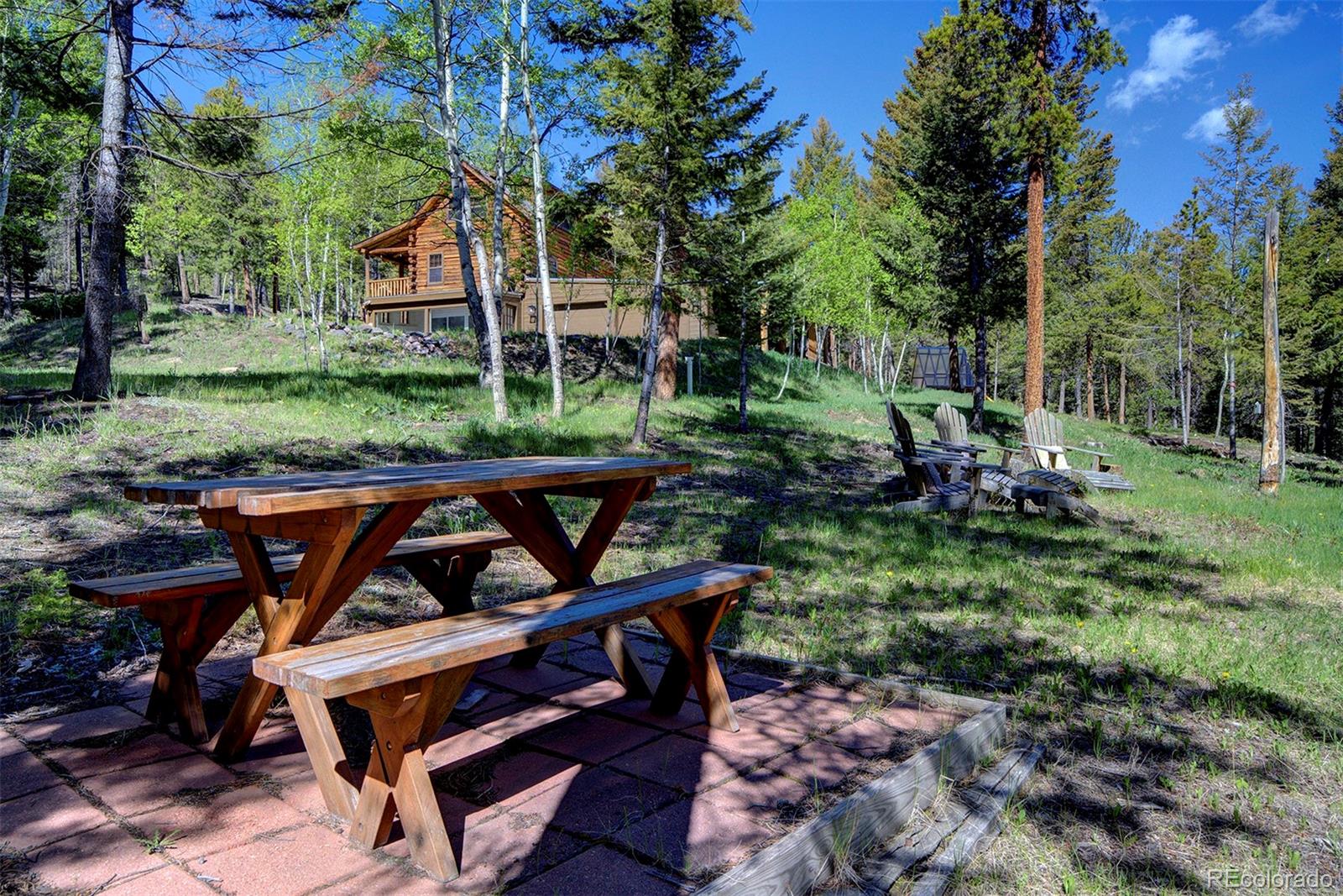 9670 South Warhawk Road Conifer, CO 80433 - Photo 34 of 40 a view of a wooden chairs and table in backyard of the house