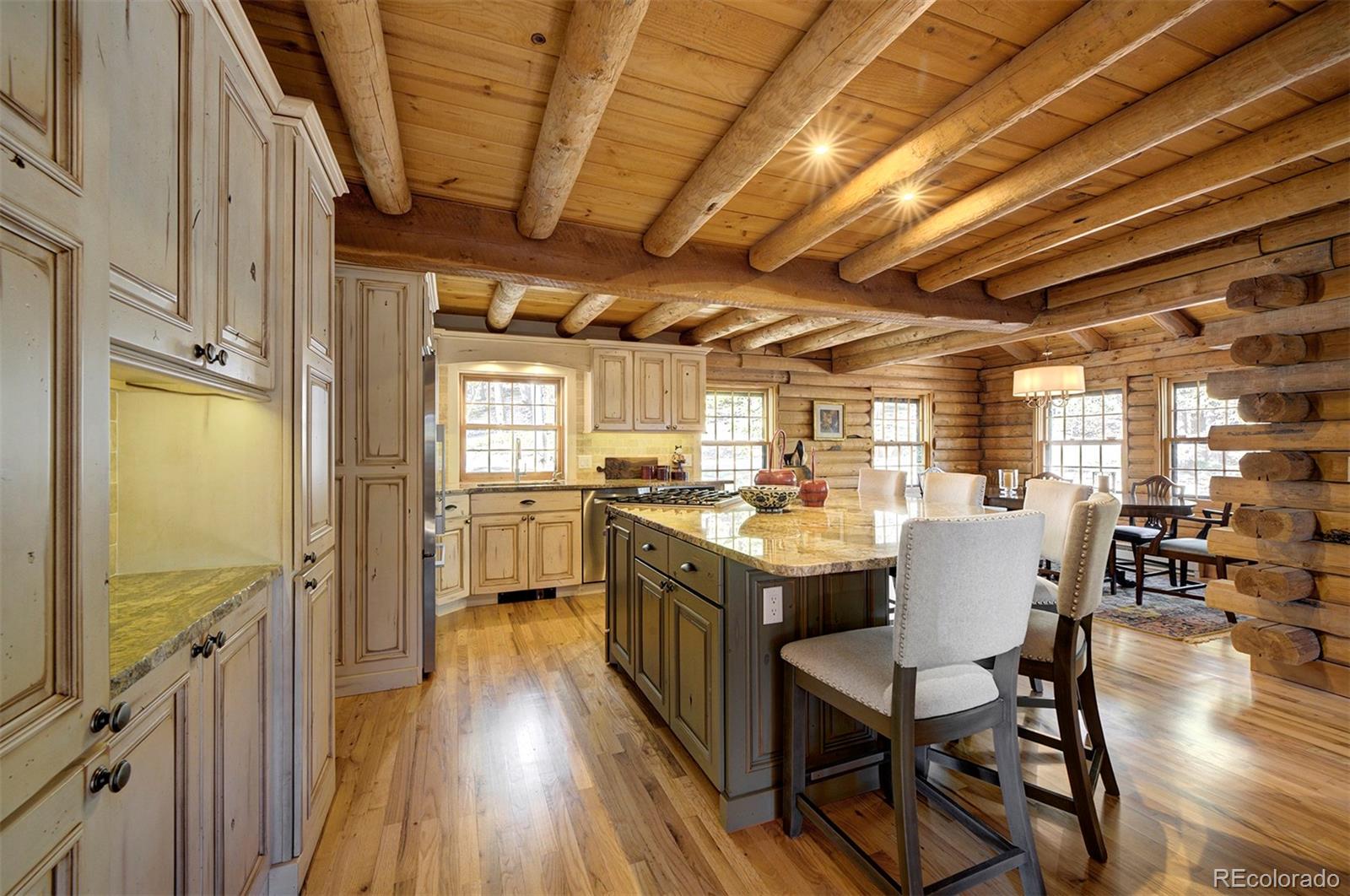 9670 South Warhawk Road Conifer, CO 80433 - Photo 7 of 40 a kitchen with a table chairs refrigerator and cabinets