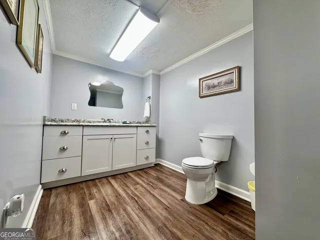a bathroom with a granite countertop sink and a large mirror