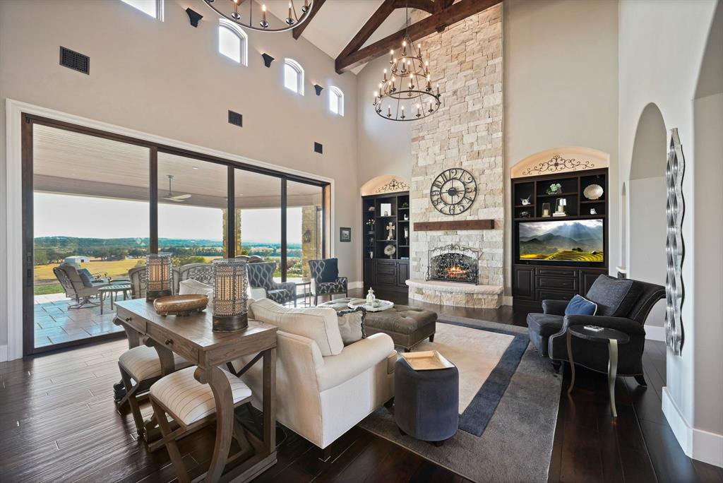 325 River Ridge Spring Branch, TX 78070 - Photo 15 of 40 a living room with fireplace furniture and a floor to ceiling window