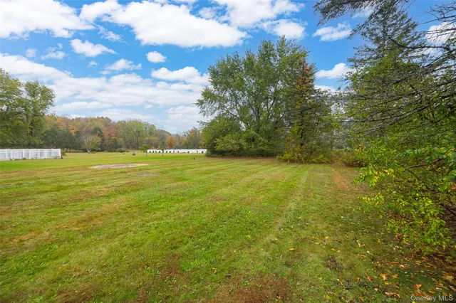 a view of a field with an trees in the background