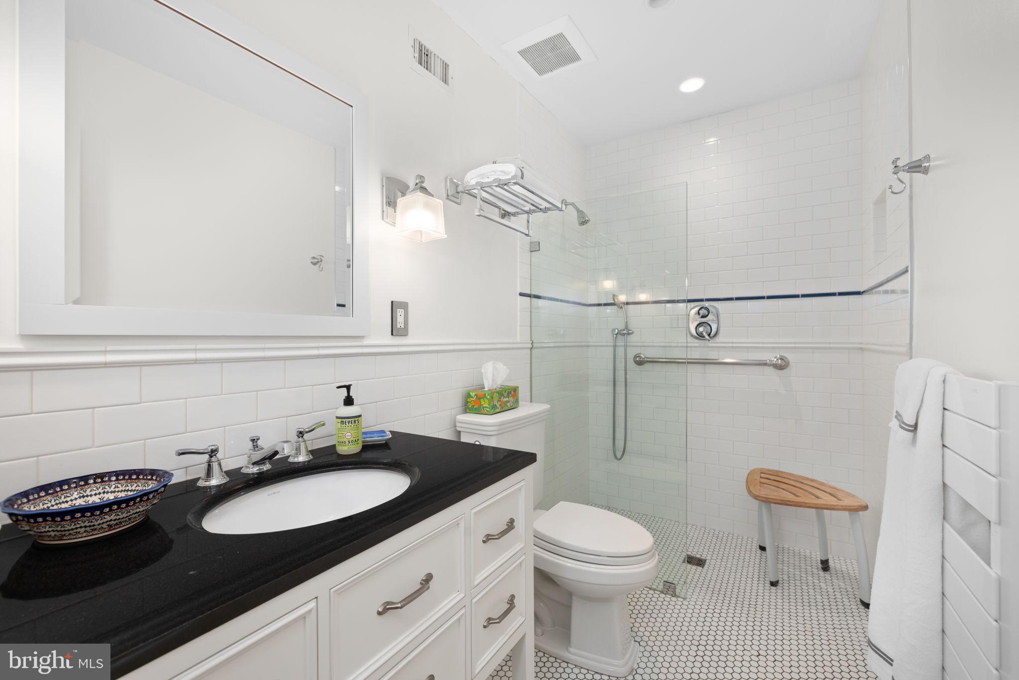 3988 Georgetown Court Northwest Washington, DC 20007 - Photo 17 of 38 a bathroom with a granite countertop sink a toilet and shower