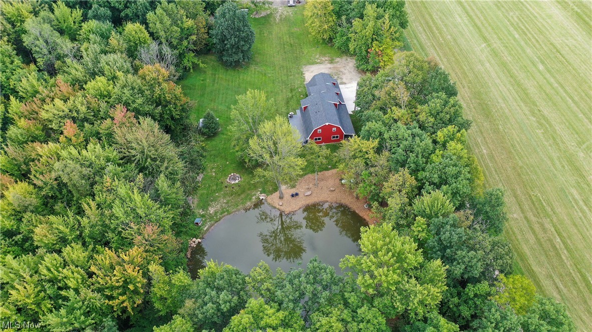 11058 Chamberlain Road Mantua, OH 44255 - Photo 1 of 31 Aerial view of the property. See the home, pond, wooded back yard and farm next to the home that has a conservation easement for the next 72 years.