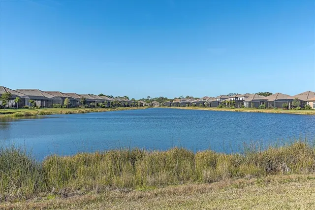 a view of an ocean with boats and trees in the background