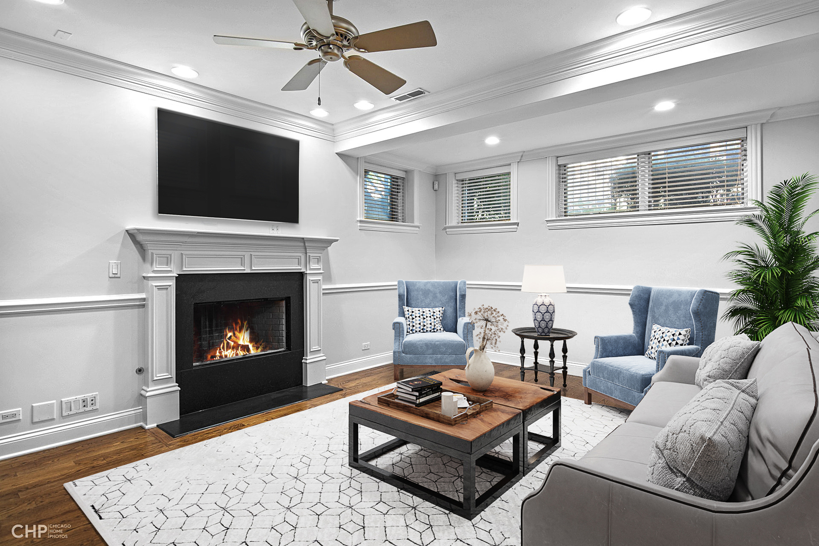 1049 West Monroe Street, Unit 1 Chicago, IL 60607 - Photo 9 of 22 a living room with furniture a flat screen tv and a fireplace