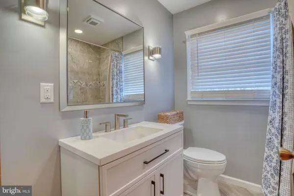 a bathroom with a sink toilet and mirror