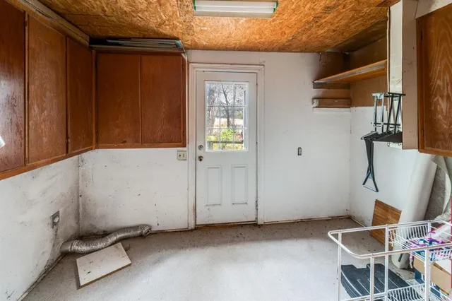 a view of a large yard with plants and large trees