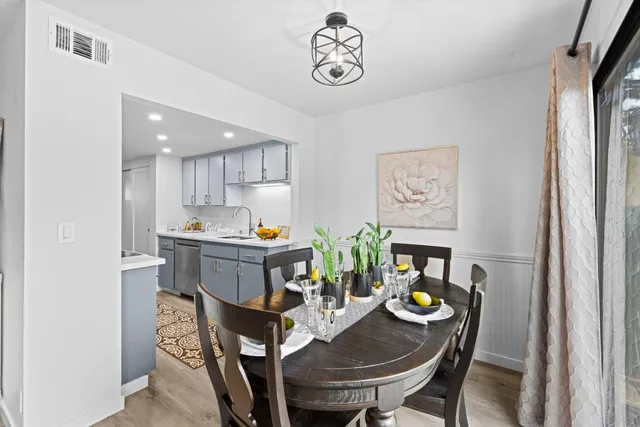 a view of a dining room with furniture