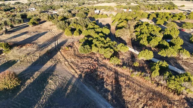 a view of a dry yard with trees in the background