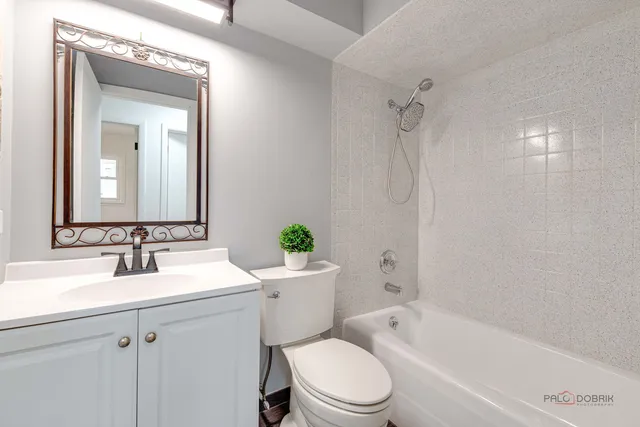 a bathroom with a toilet a sink a mirror a bathtub and vanity