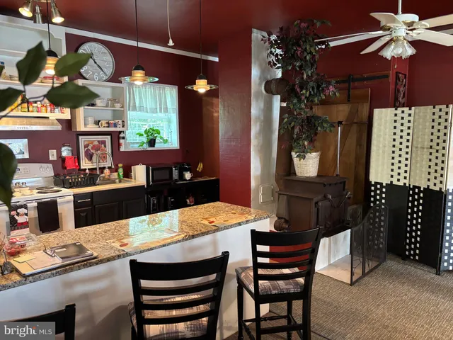 a dining room filled with furniture