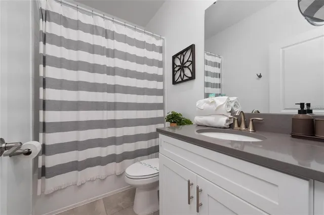 a bathroom with a sink a toilet and a shower curtain