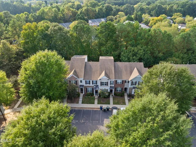 an aerial view of a house with a yard and potted plants