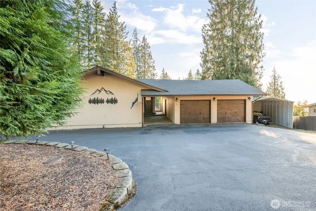 a view of a house with a backyard and garage