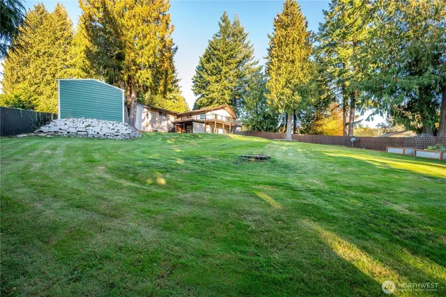 a view of a yard with a tree and wooden fence