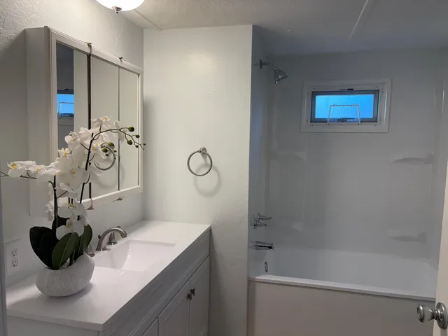 a bathroom with a sink and mirror