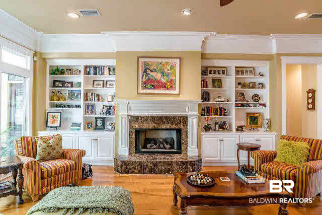 33509 Alder Circle Daphne, AL 36527 - Photo 5 of 28 Great Room has Heavy Crown Molding and Fireplace with Gas Logs.