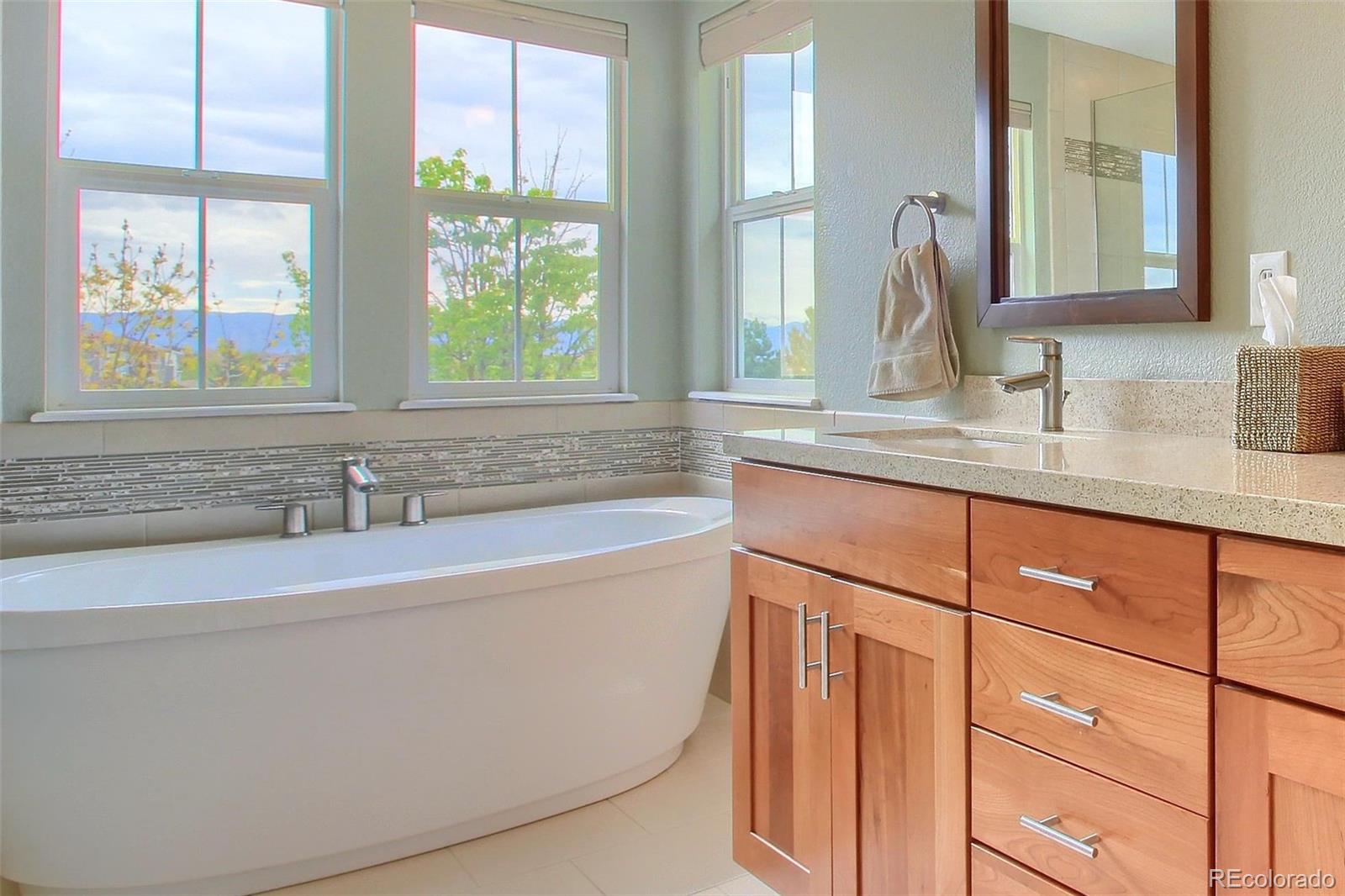 10677 Wynspire Road Highlands Ranch, CO 80130 - Photo 23 of 40 a bathroom with a granite countertop sink and a large mirror