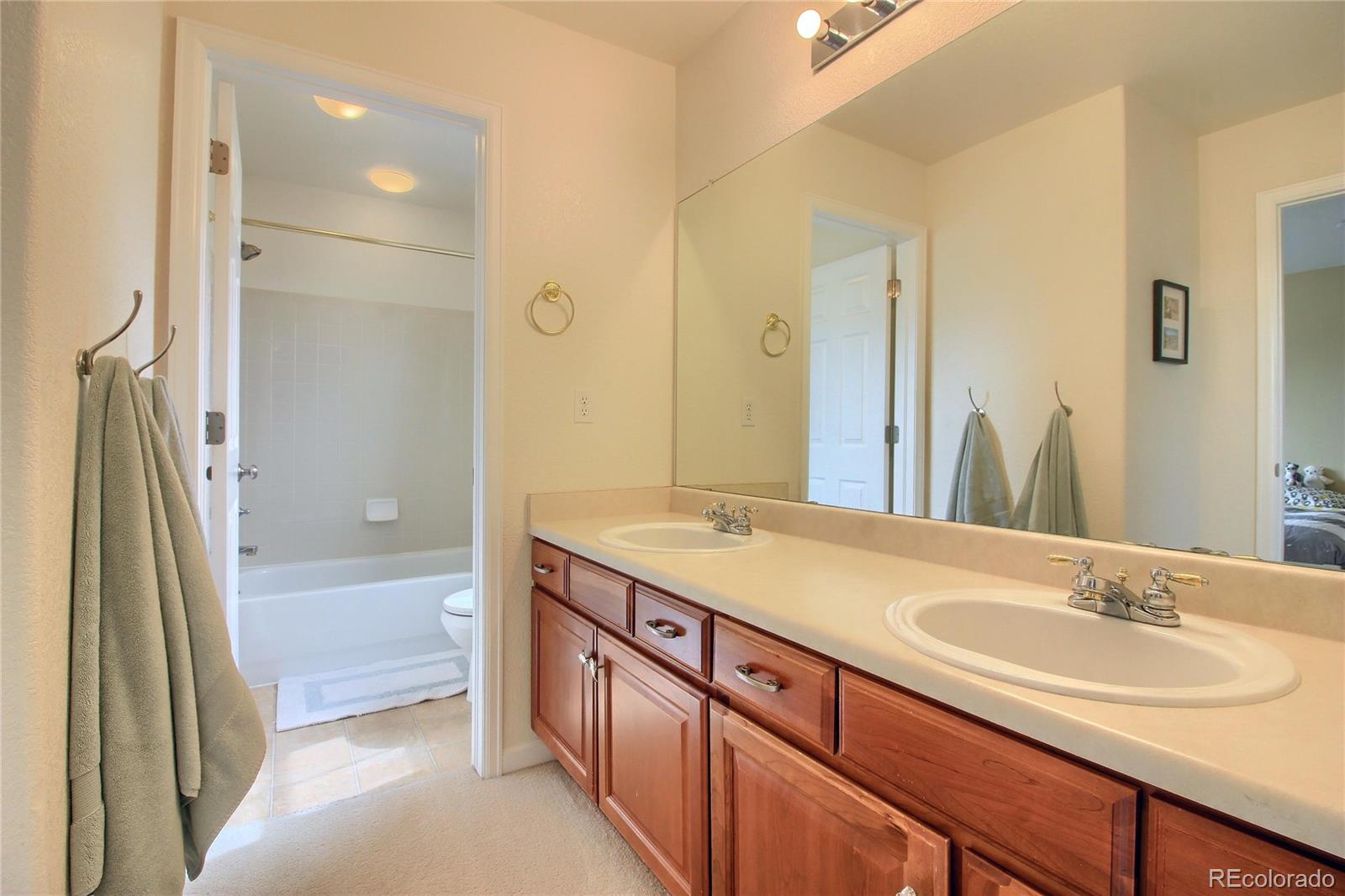 10677 Wynspire Road Highlands Ranch, CO 80130 - Photo 33 of 40 a bathroom with a sink double vanity granite tub shower and a mirror