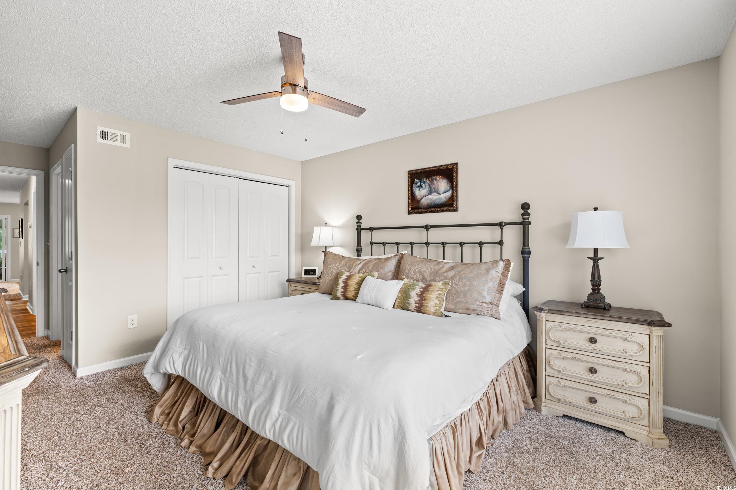 14 Laurel Street, Unit 14 Conway, SC 29526 - Photo 16 of 40 Bedroom with light colored carpet, a closet, a ceiling fan, and a textured ceiling