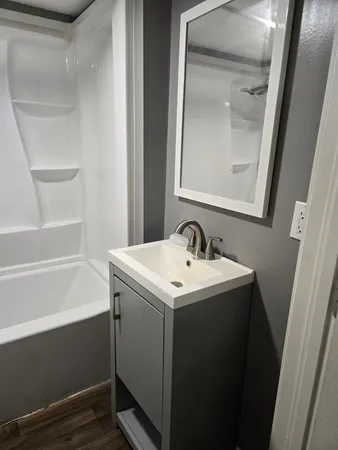 a bathroom with a sink and a mirror