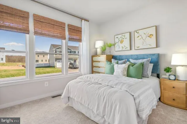 a bedroom with a large bed and a window