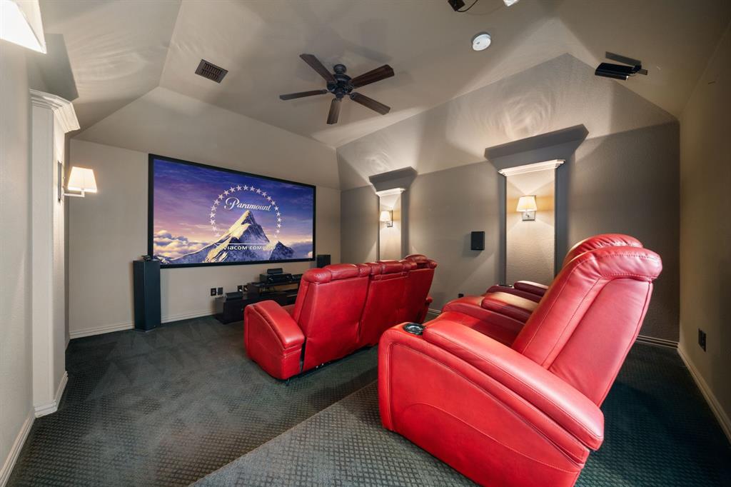 2114 Spicewood Drive Allen, TX 75013 - Photo 31 of 37 a living room with furniture a projector and a flat screen tv
