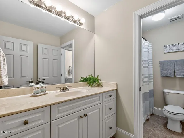a bathroom with a sink a toilet and a large mirror