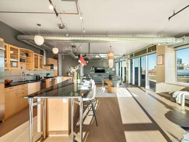 a view of a living room and kitchen