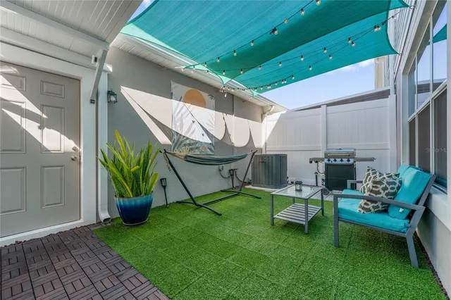 a garden view with a seating space