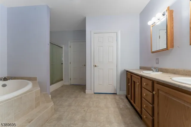 a bathroom with a tub sink and mirror