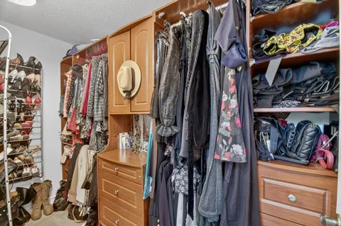 a view of walk in closet with clothes and shoes
