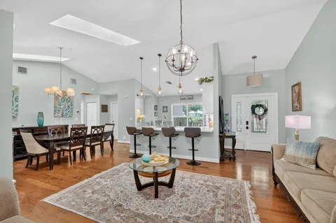 a view of a dining room with furniture