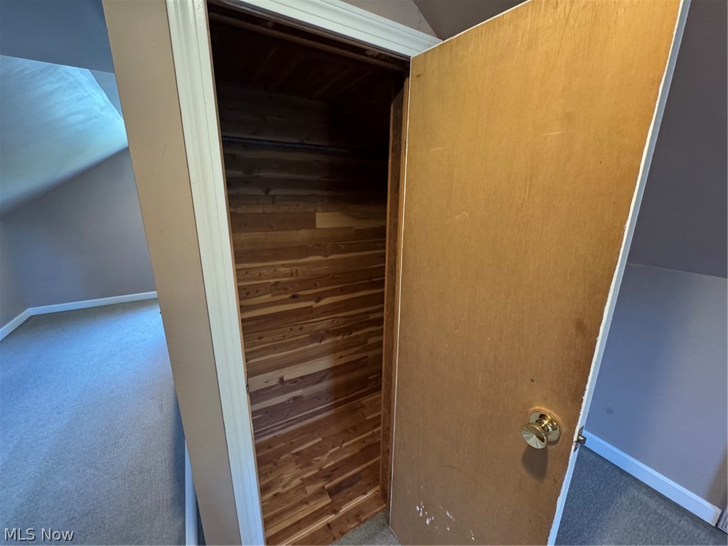 145 Anna Avenue Northwest Canton, OH 44708 - Photo 19 of 27 Cedar-lined closet featuring a natural wood door with a brass knob, white trim, and a sloped ceiling