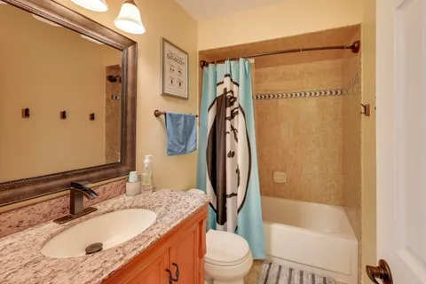 a bathroom with a granite countertop sink toilet and shower