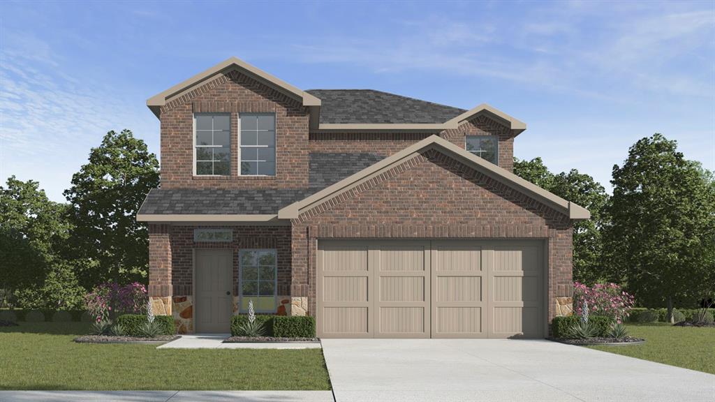 View of front of house with a front lawn, concrete driveway, an attached garage, brick siding, and roof with shingles