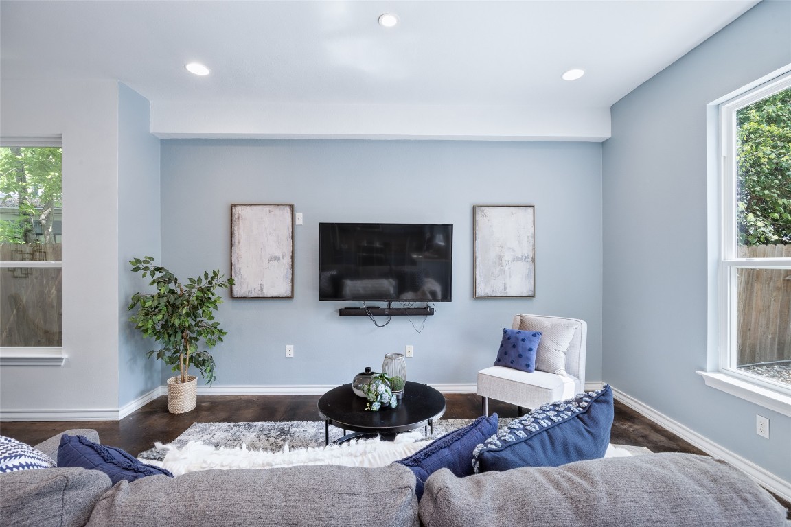 3407 Banton Road, Unit A Austin, TX 78722 - Photo 8 of 39 Living room featuring healthy amount of natural light, wood finished floors, and recessed lighting