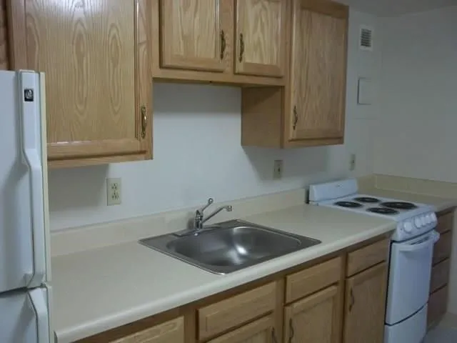 a kitchen with a sink cabinets and a refrigerator