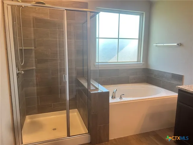 a bathroom with a bath tub and a window