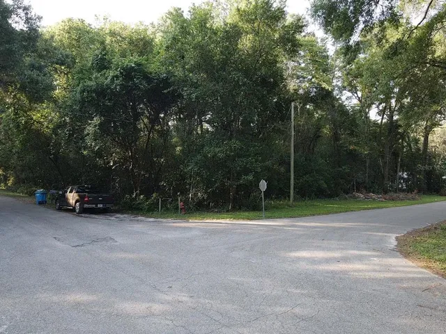 a view of a field with trees in the background