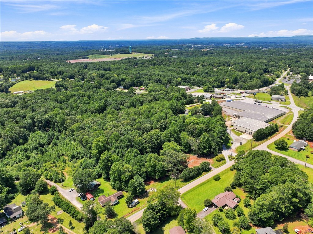 Lush green woodlands frame this expansive aerial view of the surrounding landscape.