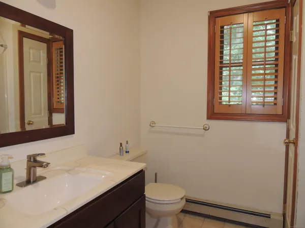 a bathroom with a sink a toilet and a mirror