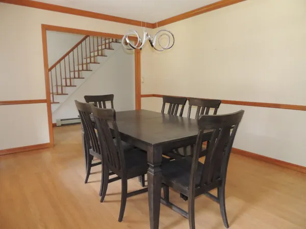 a view of a dining room and furniture